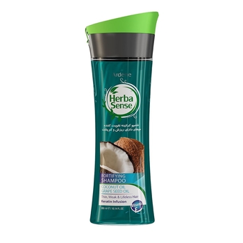 شامپو کراتینه تقویت کننده حاوی روغن نارگیل و دانه انگور (مناسب موهای دارای ریزش و کم پشت) هربا سنس
