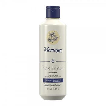 شامپو مغذی و انرژی بخش بدون سولفات شماره 6 مناسب انواع مو به ویژه کراتینه 400ml مورینگا
